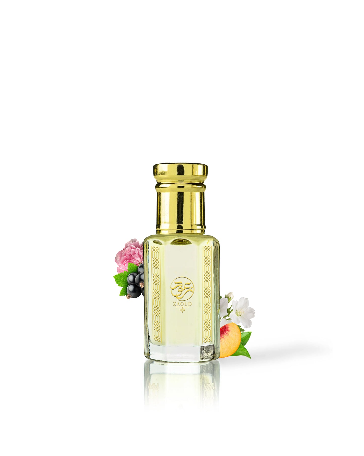rawza perfume oil bottle with a shiny gold cap and gold decorative borders, filled with pale yellow liquid. The bottle is centered on a white background with a soft reflection below, and small decorative flowers and fruit are placed near the base.