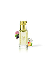 rawza perfume oil bottle with a shiny gold cap and gold decorative borders, filled with pale yellow liquid. The bottle is centered on a white background with a soft reflection below, and small decorative flowers and fruit are placed near the base.