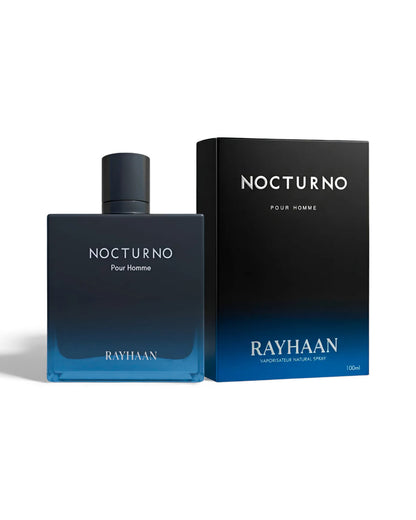 Rayhaan Nocturno Pour Homme perfume bottle and packaging on a white background
