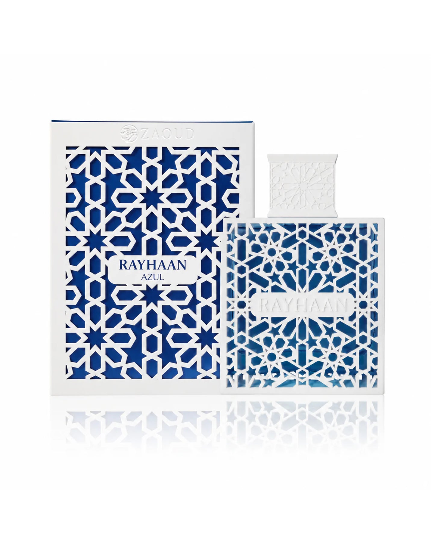 rayhaan azul perfume bottle shows beside its packaging against white background