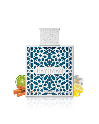 rayhaan azul perfume bottle surrounded by fragrance notes like lime and lemon shows against white background