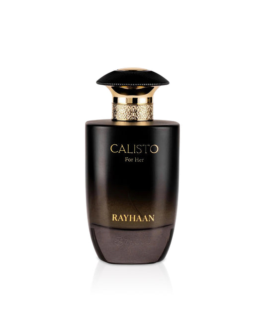 Perfume bottle labeled 'Calisto for Her' by Rayhaan on a white background