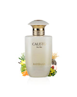 rayhaan calisto for her Perfume bottle labeled 'Calistic for Her' by 'Rayhaan' with decorative elements like peach and orange  on a white background