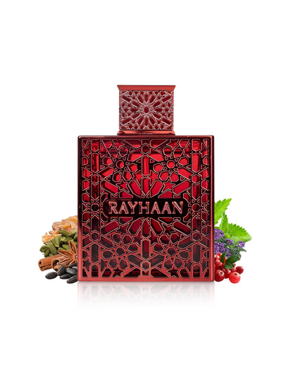 RAYHAAN crimson perfume red bottle surrounded by fragrance notes like spices shows against white background
