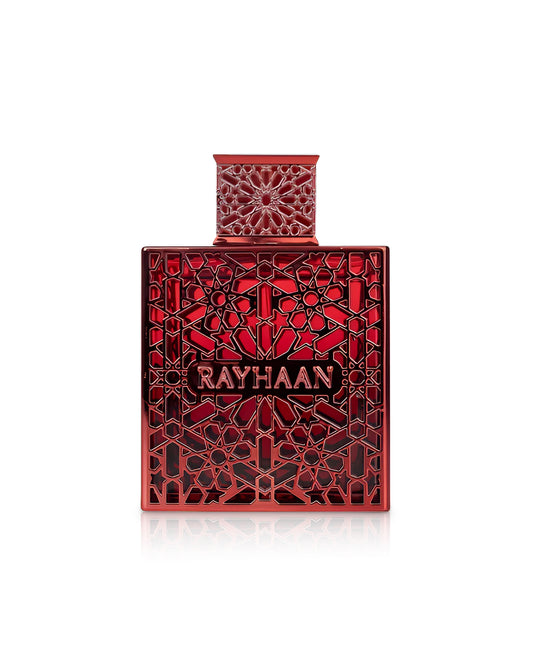 Red perfume bottle with intricate design and 'RAYHAAN' branding on a white background