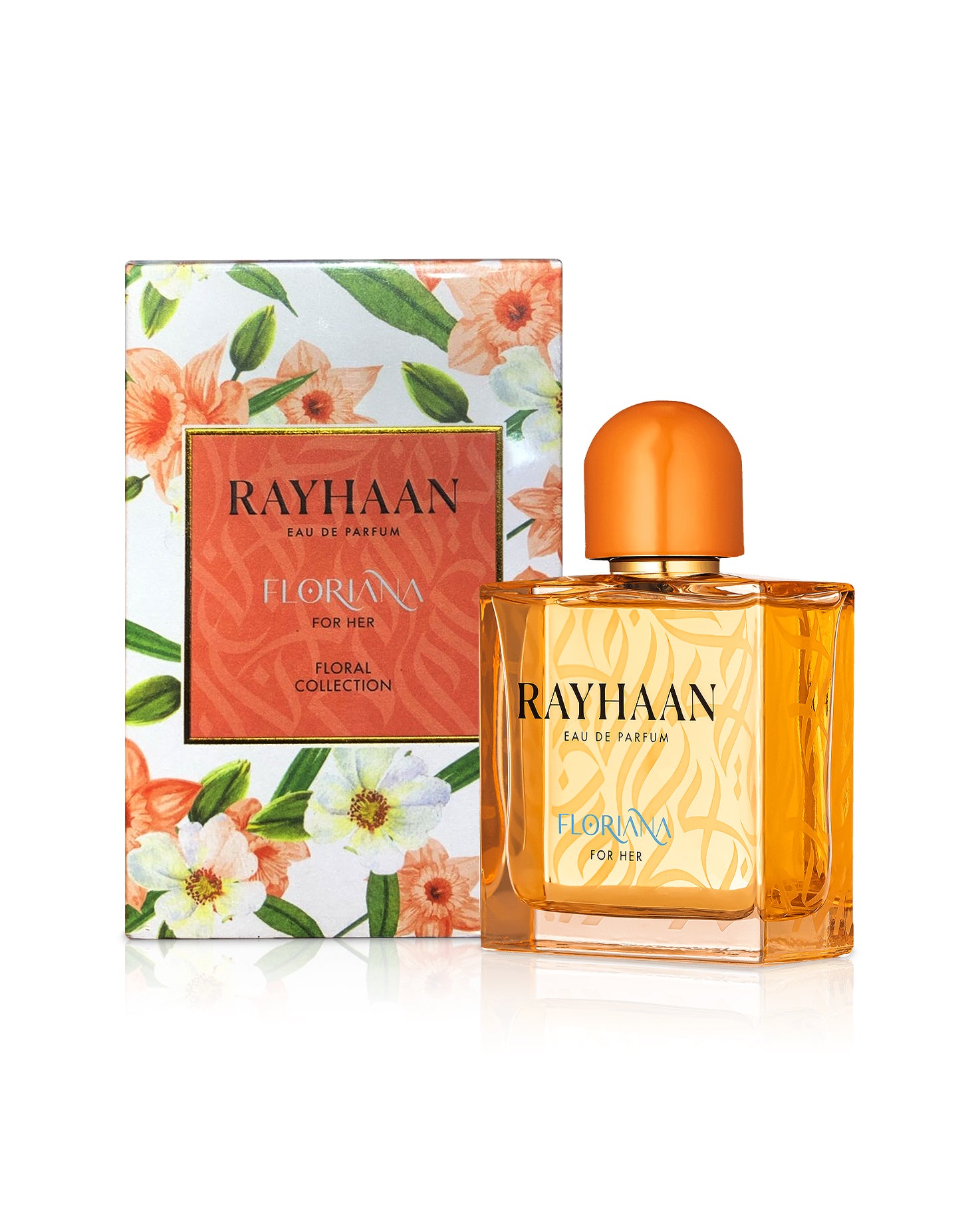 rayhaan floriana perfume bottle shows beside its box against white background