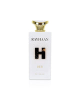 Perfume bottle with 'RAYHAAN her' branding on a white background