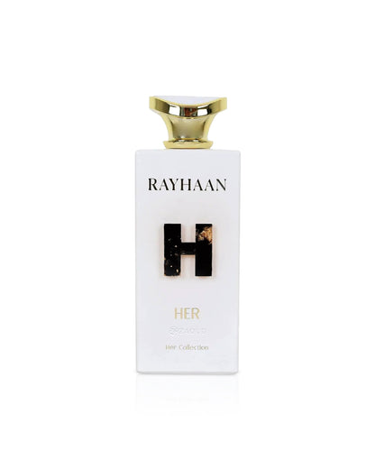 Perfume bottle with 'RAYHAAN her' branding on a white background