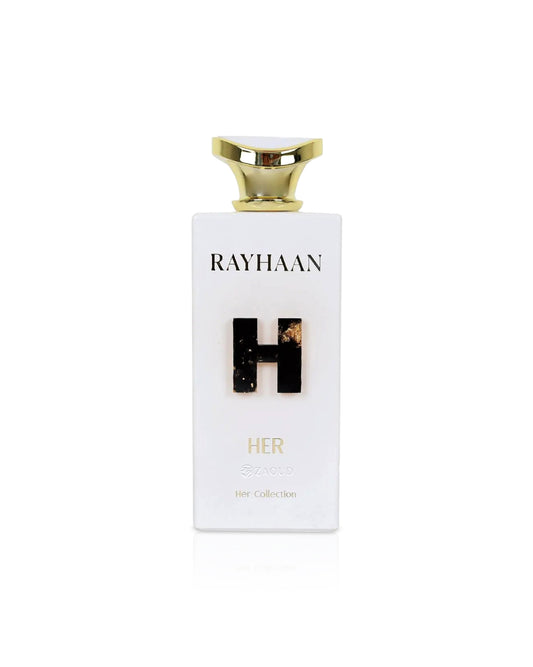 Perfume bottle with 'RAYHAAN her' branding on a white background