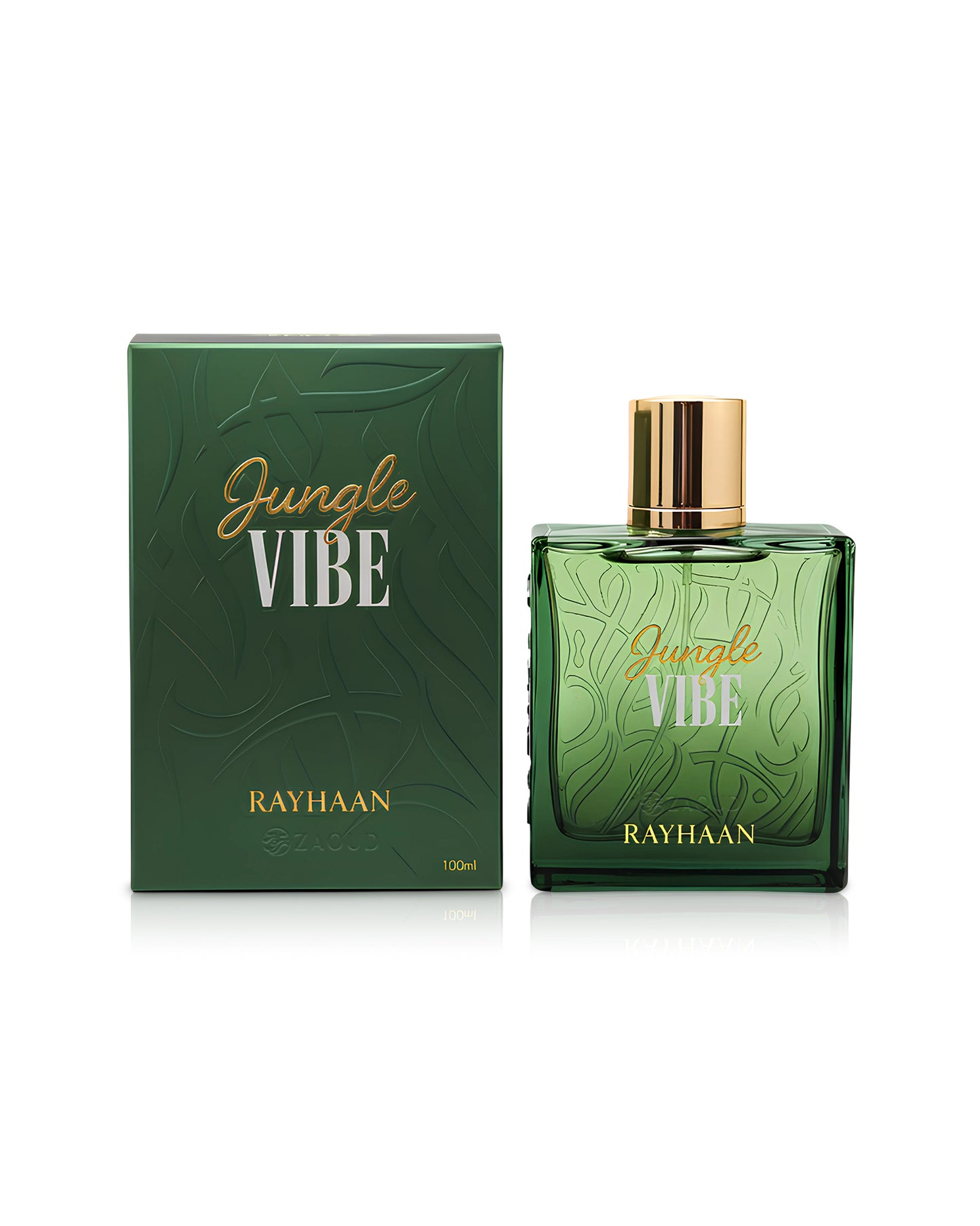 Green 'Jungle Vibe' Rayhaan perfume bottle and packaging on a white background