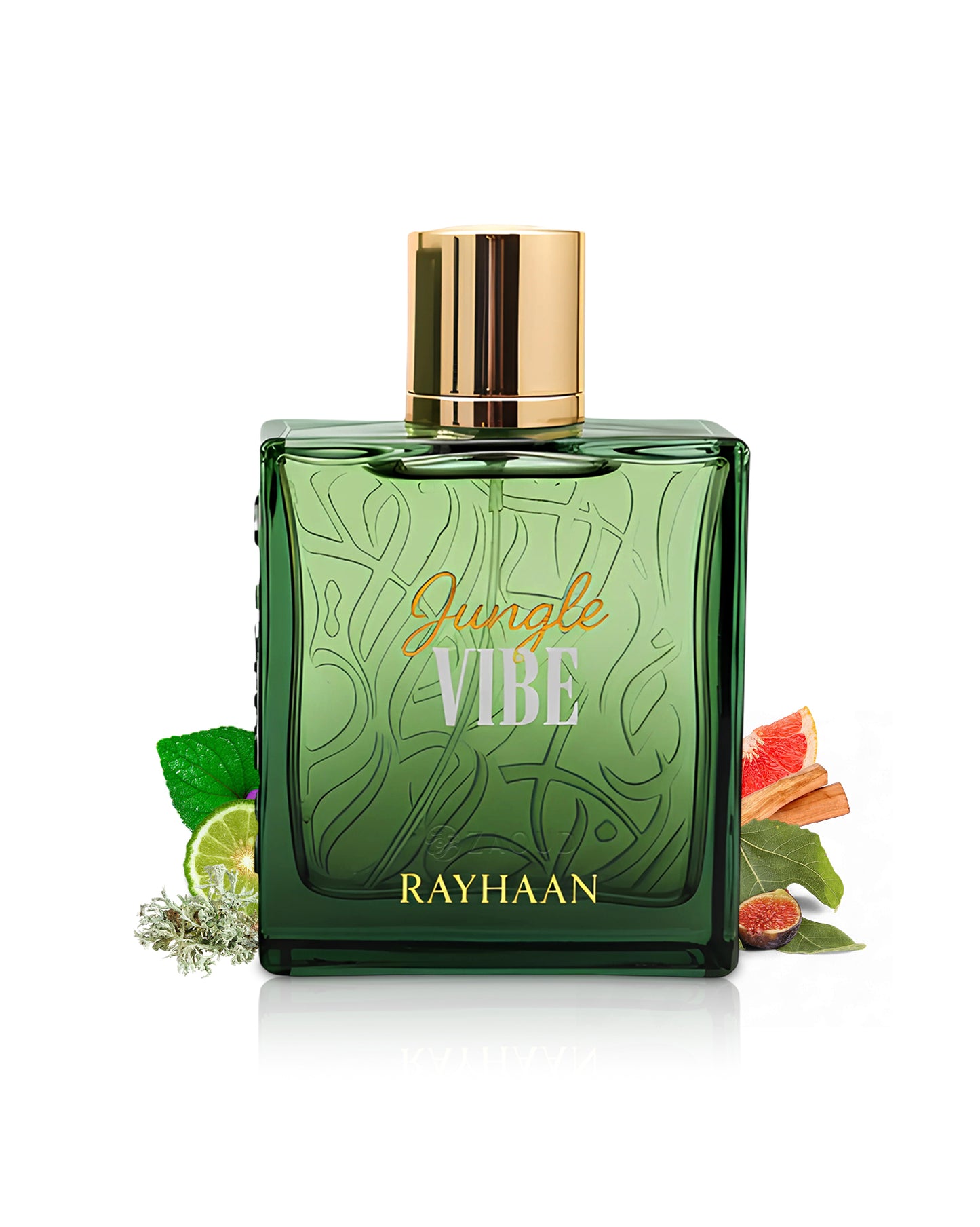Green perfume bottle labeled 'Jungle Vibe' by Rayhaan with decorative elements like citruses and fig on a white background