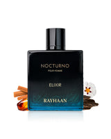 rayhaan nocturno elixir perfume bottle surrounded by fragrance notes like sandalwood and labdanum shows against white background