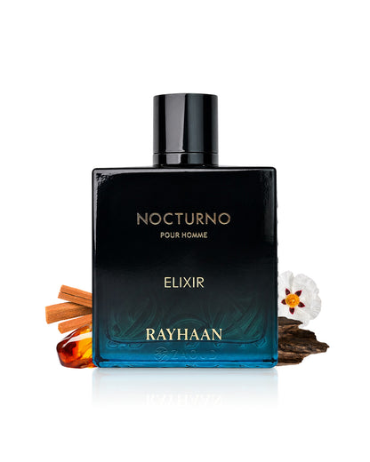 rayhaan nocturno elixir perfume bottle surrounded by fragrance notes like sandalwood and labdanum shows against white background