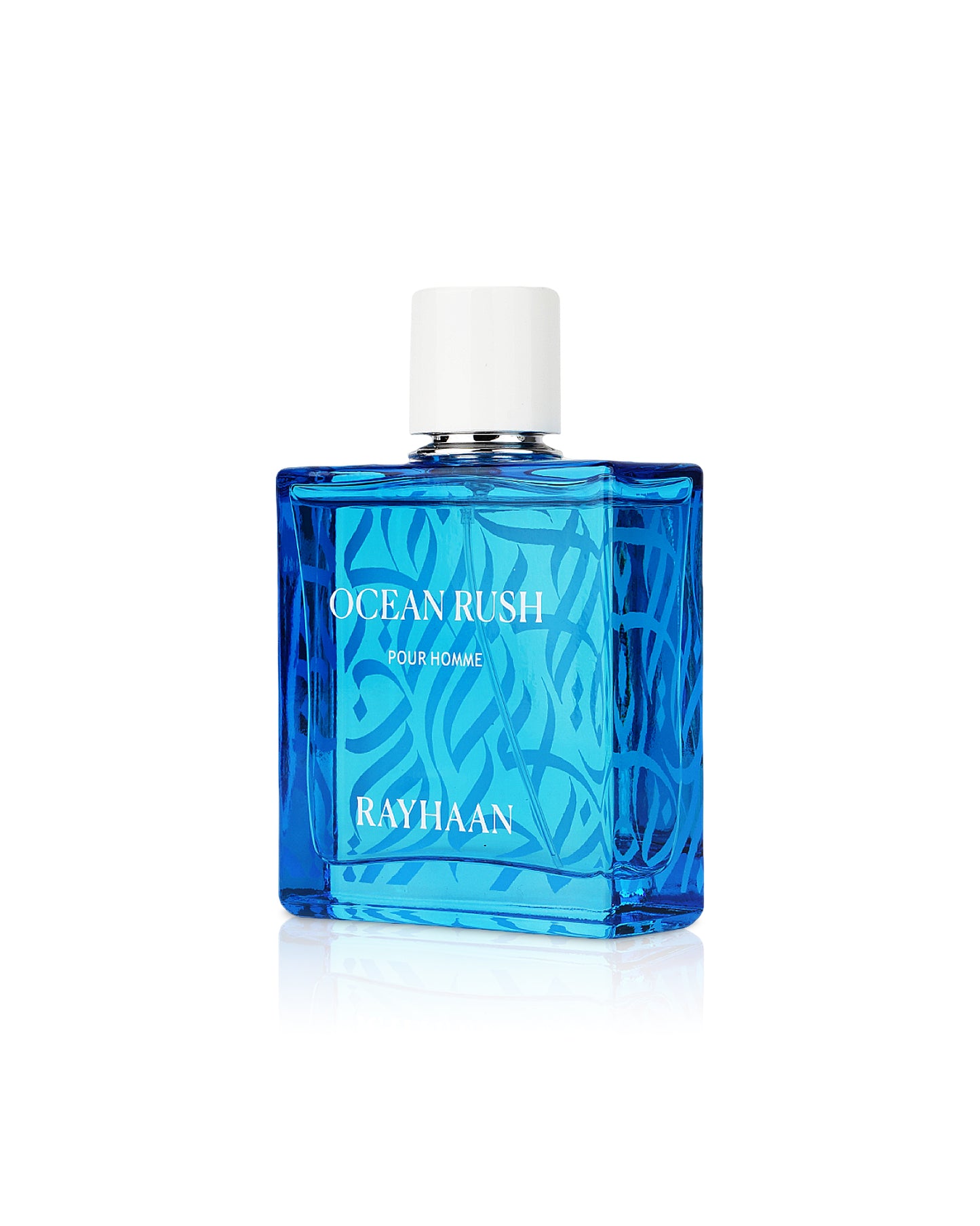 RAYHAAN Blue perfume bottle labeled 'Ocean Rush' by Rayhaan on a white background