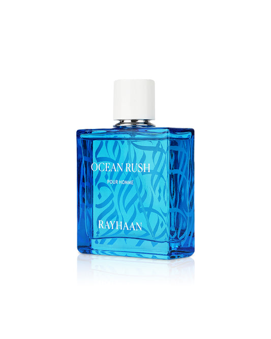 RAYHAAN Blue perfume bottle labeled 'Ocean Rush' by Rayhaan on a white background