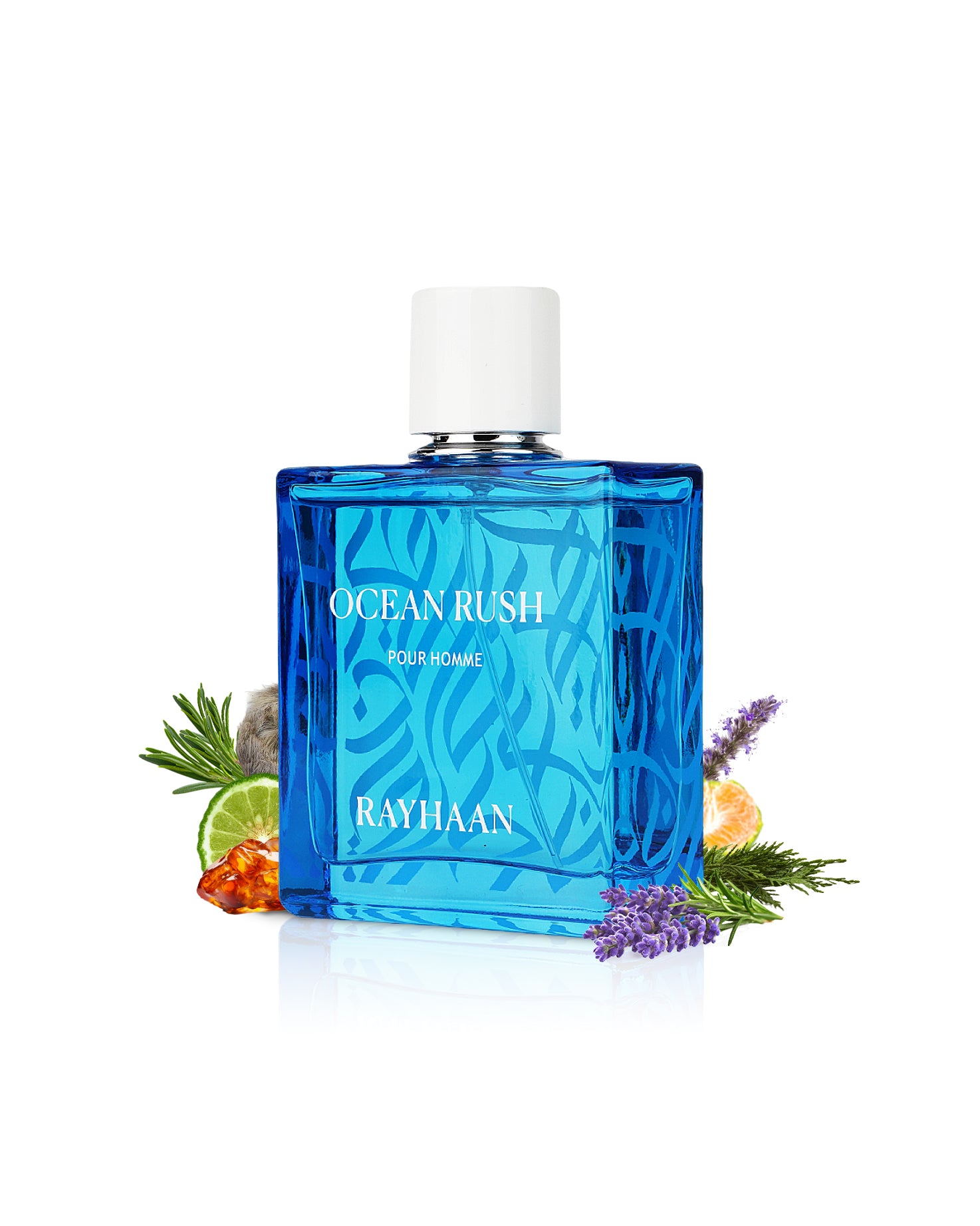 RAYHAAN Blue perfume bottle labeled 'Ocean Rush' by Rayhaan with decorative elements on a white background