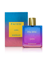 rayhaan pacific aloha perfume bottle shows beside its packaging against white background