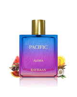 rayhaan pacific aloha perfume bottle surrounded by fragrance notes like coconut and watermelon shows against white background