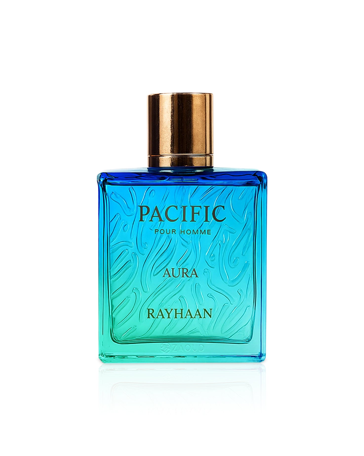 Blue perfume bottle with gold cap labeled 'Rayhaan Pacific Aura' on a white background