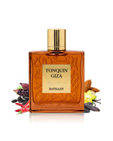 rayhaan tonquin giza perfume bottle surrounded by fragrance notes like tonka and vanilla shows against white background