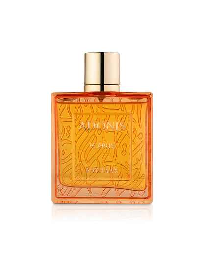 rayhaan adonis icarus Orange perfume bottle with gold cap on a white background