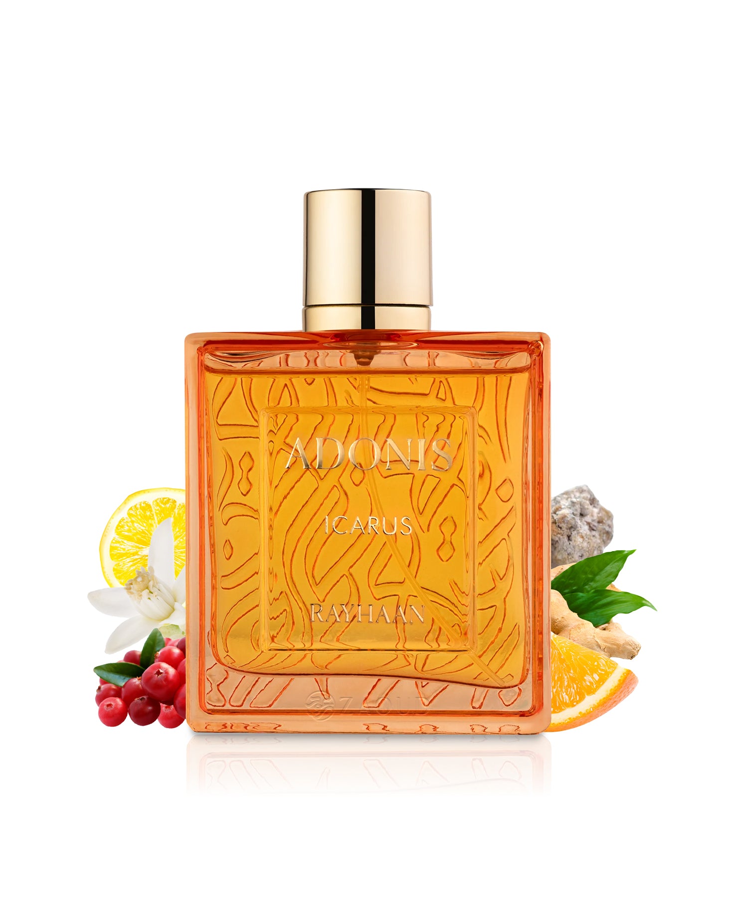 rayhaan adonis icarus Perfume bottle with decorative elements on a white background