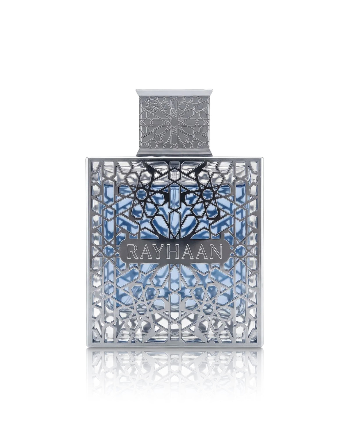 Rayhaan aquatica PERFUME bottle with intricate silver filigree detailing and a blue patterned background, centered on a white reflective surface.