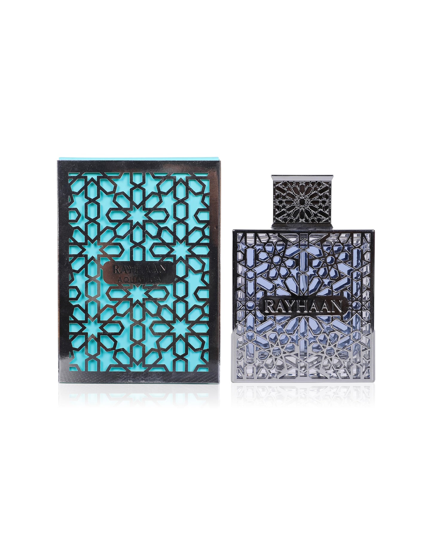 Rayhaan aquatica perfume bottle shows beside packaging against white background