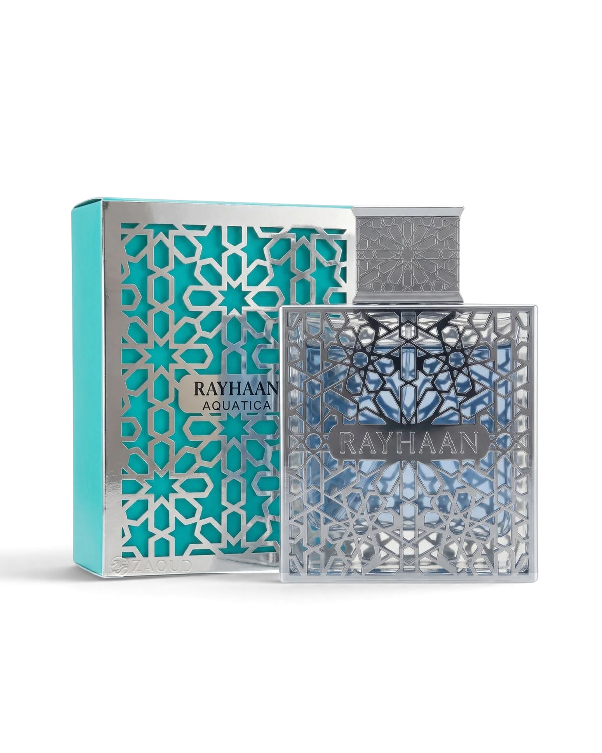 Rayhaan aquatica PERFUME bottle with a silver geometric patterned cap and base, shown next to its turquoise and silver packaging box on a white background.
