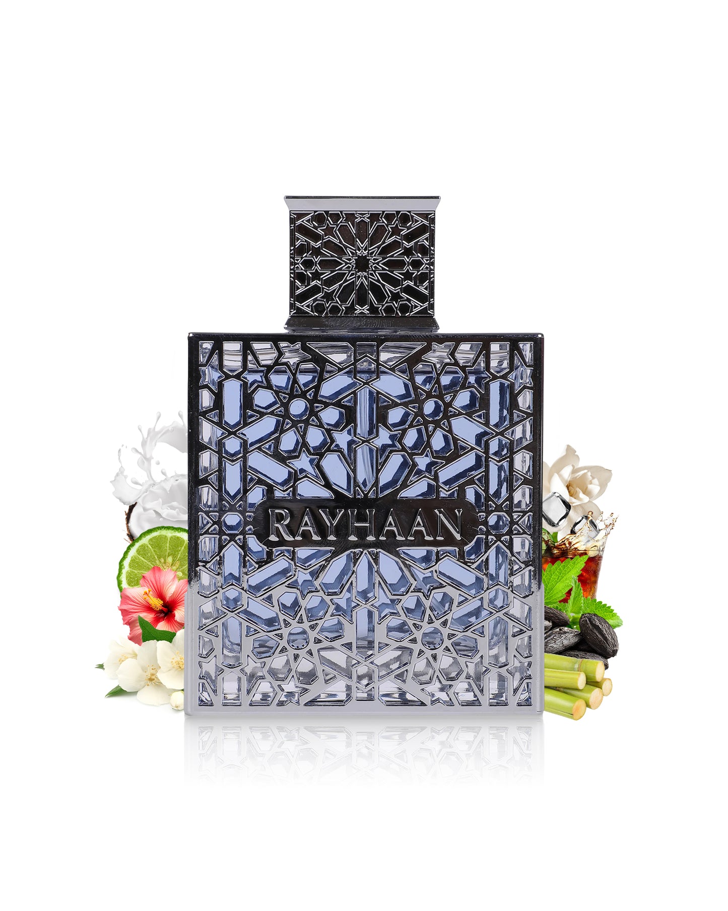 Rayhaan aquatica perfume bottle surrounded by fragrance notes like jasmine and tonka shows against white background
