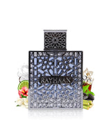 Rayhaan aquatica perfume bottle surrounded by fragrance notes like jasmine and tonka shows against white background