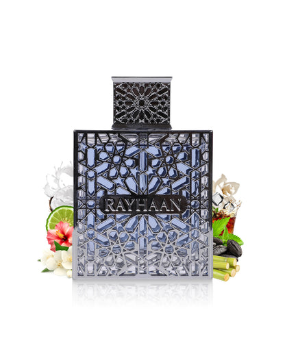 Rayhaan aquatica perfume bottle surrounded by fragrance notes like jasmine and tonka shows against white background