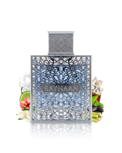 Rayhaan aquatica PERFUME bottle with intricate silver filigree and blue-toned interior, centered on a white background with decorative flowers, lime, and botanical elements around the base.