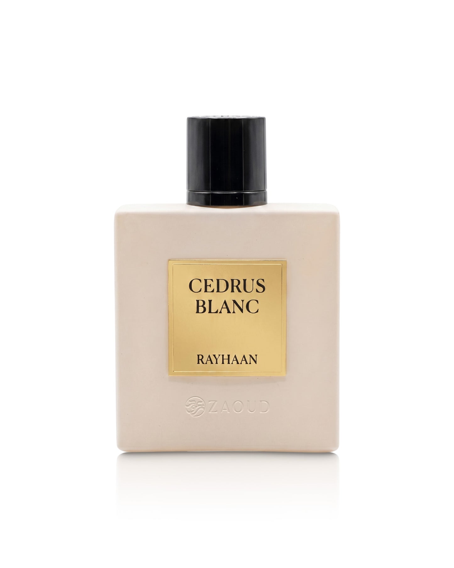 rayhaan cedrus blanc perfume bottle shows against white background