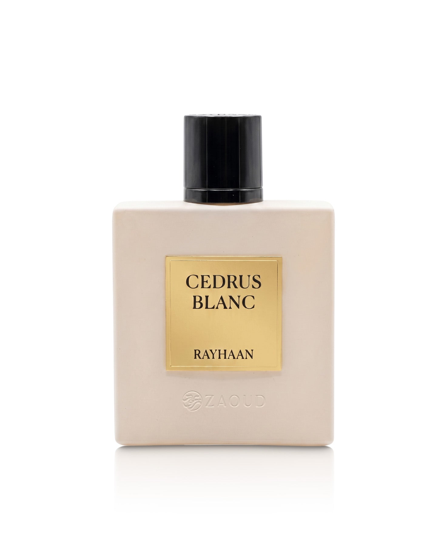 rayhaan cedrus blanc perfume bottle shows against white background
