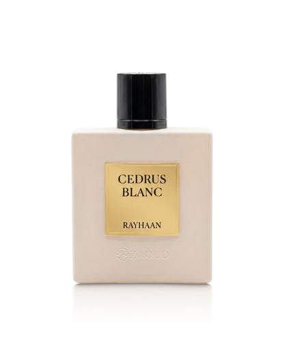 rayhaan cedrus blanc perfume bottle shows against white background