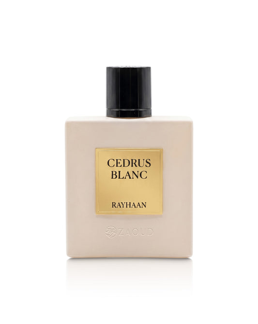 rayhaan cedrus blanc perfume bottle shows against white background