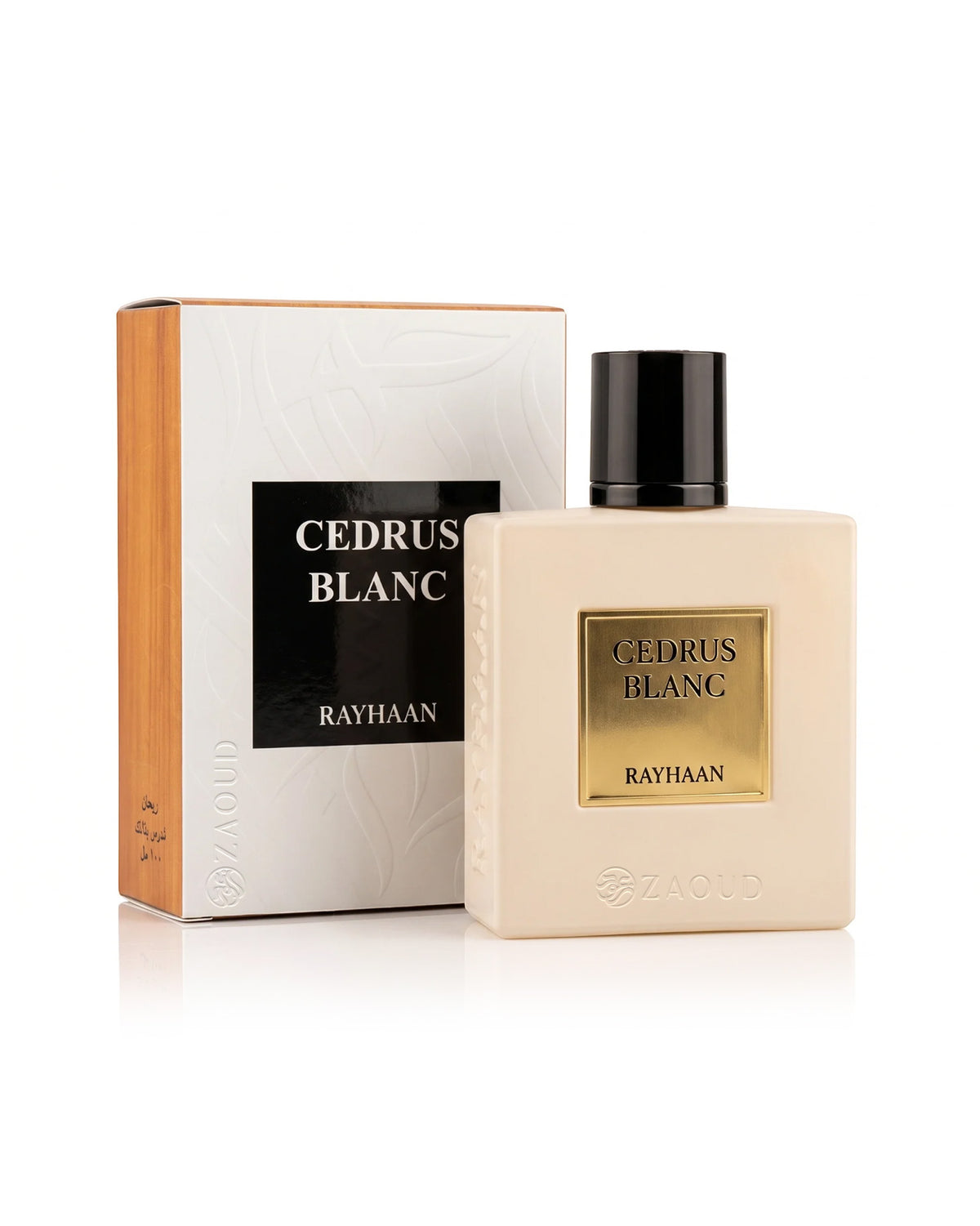 rayhaan cedrus blanc perfume bottle shows beside its packaging against white background