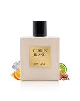 rayhaan cedrus blanc perfume bottle surrounded with fragrance notes like pine and citrus shows against white background