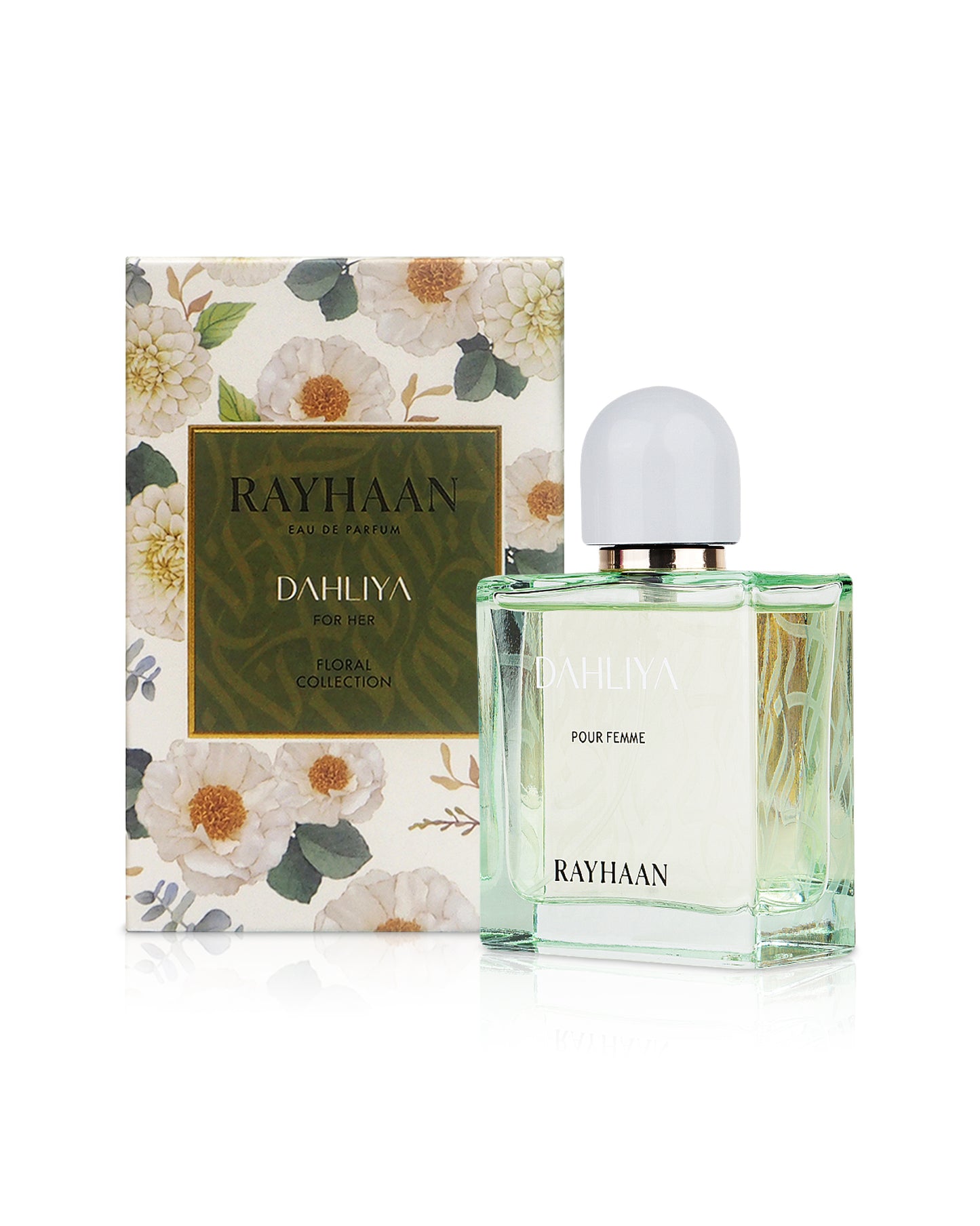 rayhaan dahliya perfume bottle shows beside its box against white background