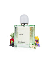 rayhaan dahliya perfume bottle surrounded with its ingredients like rose and jasmine beside many others like peach and mughet shows from behind the box against white background