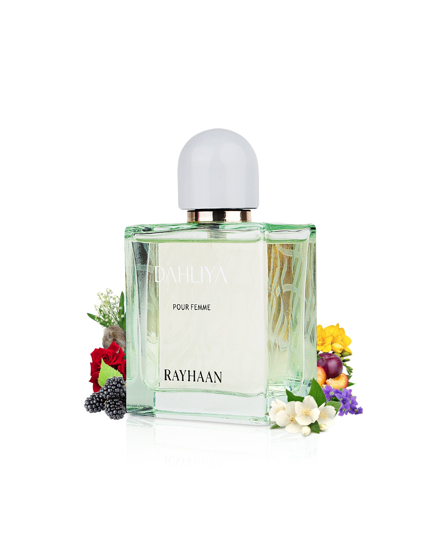 rayhaan dahliya perfume bottle surrounded with its ingredients like rose and jasmine beside many others like peach and mughet shows from behind the box against white background