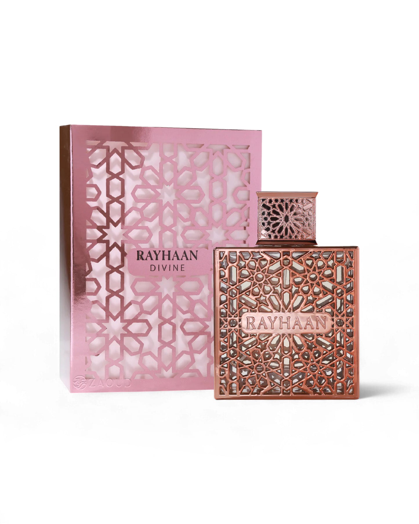 rayhaan divine perfume bottle shows beside its packaging against white background