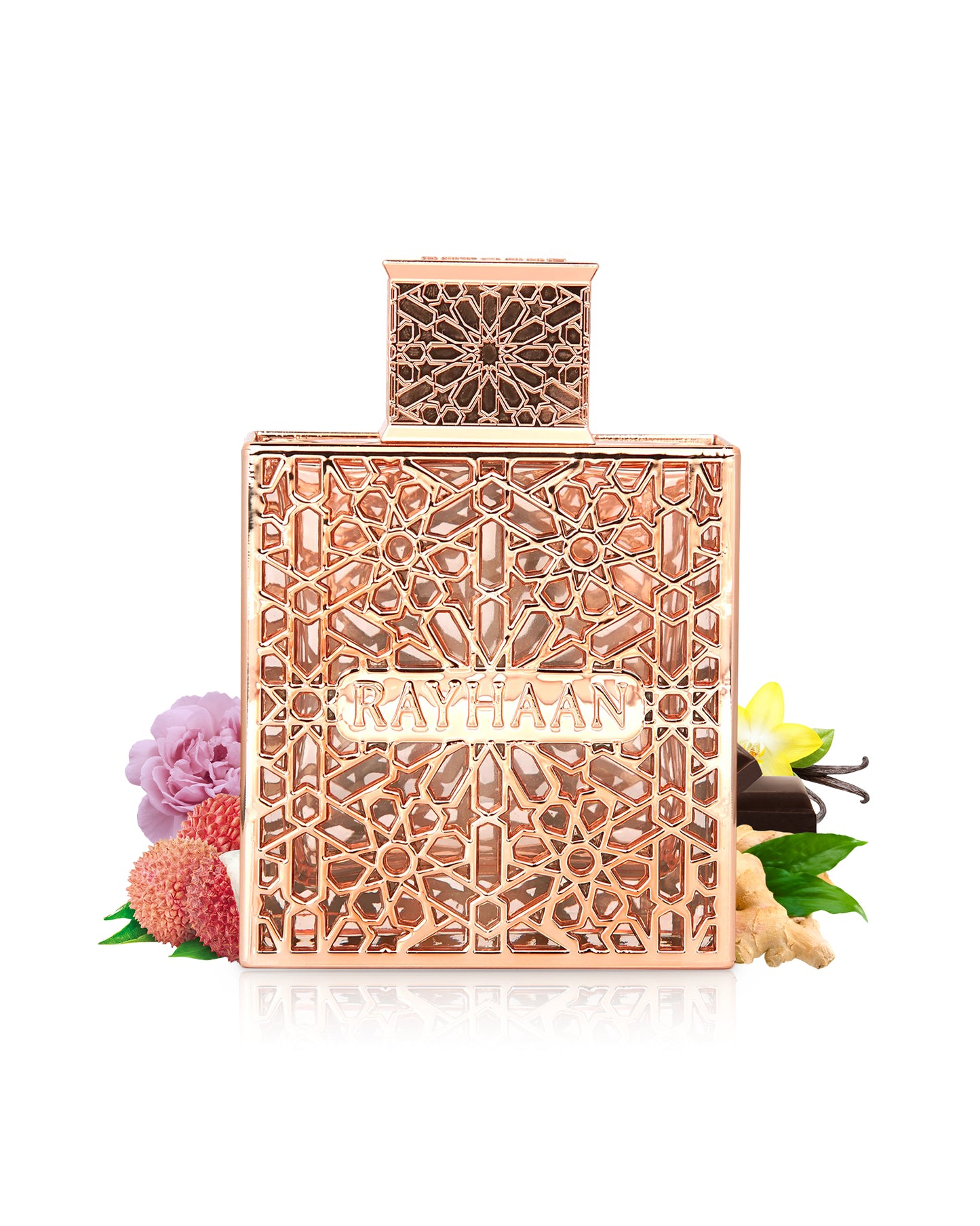 rayhaan divine perfume bottle surrounded by fragrance notes like litchie and rose shows against white background