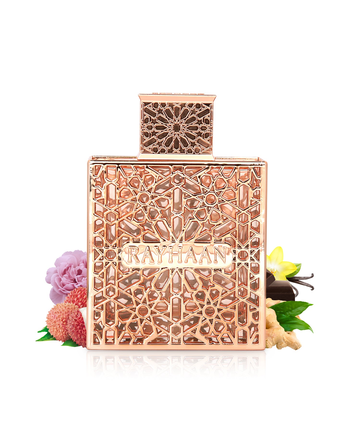 rayhaan divine perfume bottle surrounded by fragrance notes like litchie and rose shows against white background