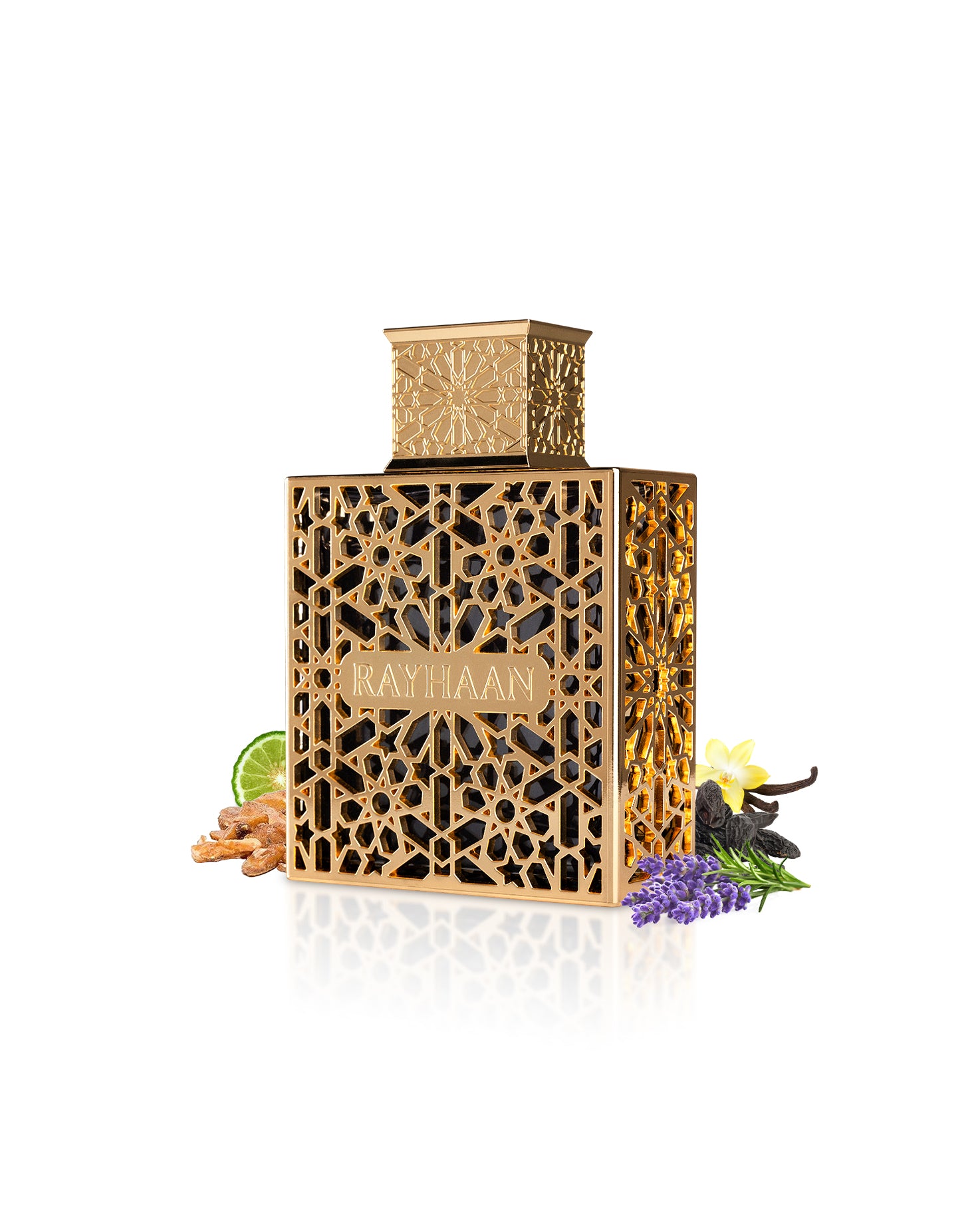 rayhaan elixir perfume bottle surrounded with fragrance notes like lavender and vanilla shows against white background