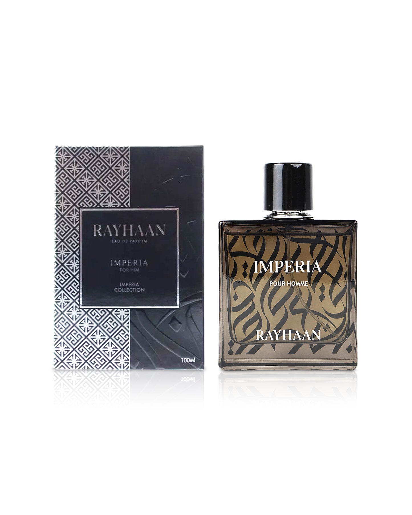 imperia pour homme Eau de parfum by rayhaan perfumes bottle shows beside its box against white background