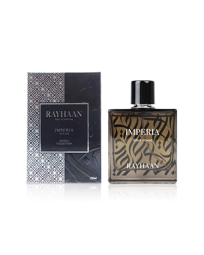 imperia pour homme Eau de parfum by rayhaan perfumes bottle shows beside its box against white background