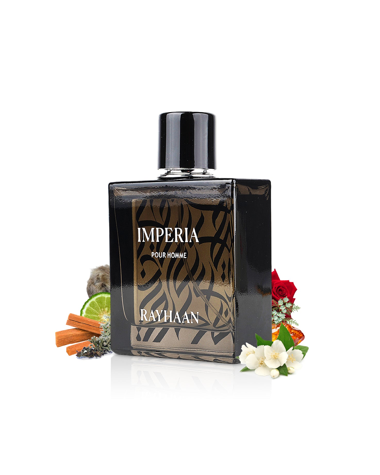 imperia pour homme Eau de parfum by rayhaan perfumes bottle surrounded with its ingredients like citrus and jasmine beside many others shows from behind the bottle against white background