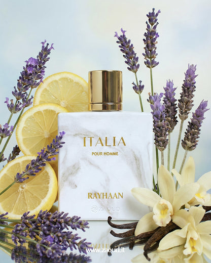 Rayhaan Italia pour Homme perfume with lavender, lemon, and vanilla beans on a light background